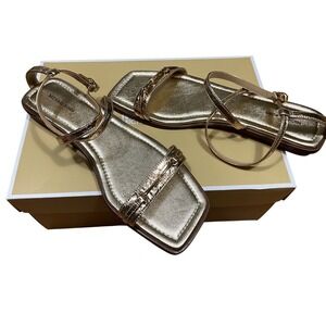 Michael Kors Gold Metallic Strappy Flat Sandals Square Toe MK Hardware 8.5M